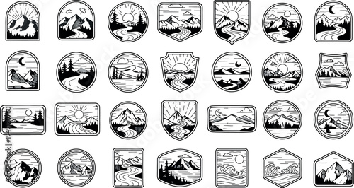Collection of 25 black and white heraldic shields isolated on transparent background