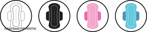 Feminine hygiene pad icon set with colorful and black silhouette symbols. Menstrual protection products for women healthcare. Sanitary towel design elements for period care and wellness.