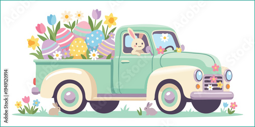 Vintage pastel green pickup truck delivering colorful Easter eggs and bunny vector illustration.