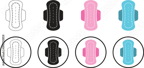 Feminine hygiene pad icon set with colorful and black silhouette symbols. Menstrual protection products for women healthcare. Sanitary towel design elements for period care and wellness.