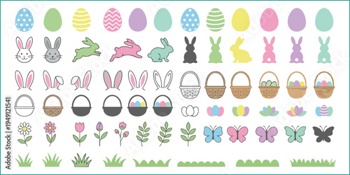 Mega bundle of pastel spring and Easter element vector illustrations.