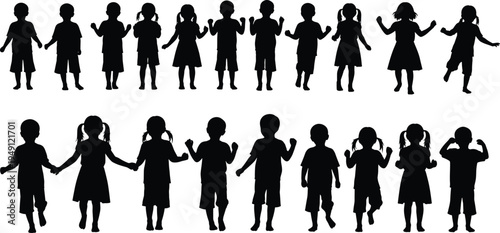 Kids silhouette collection set, children playing standing walking happy boys girls black vector illustration bundle isolated