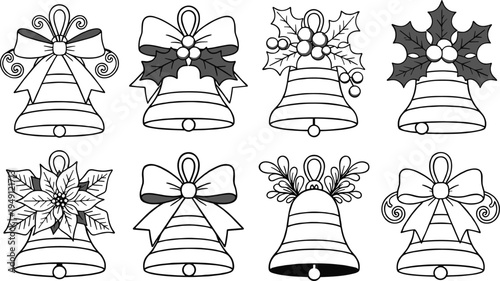 Black and white vector illustration set of decorative Christmas bells featuring holiday ribbons, holly leaves, winter berries, and festive poinsettia floral graphic design elements
