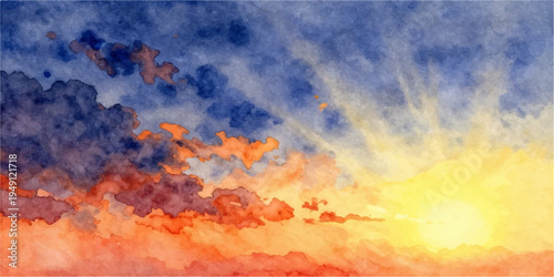 A dramatic summer sunset paints the sky with fire as orange and red clouds cast a beautiful light over the forest in this abstract nature landscape