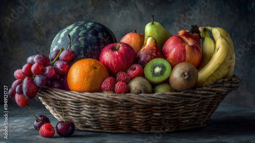 Abundant fruit basket still life featuring vibrant colors and textures.