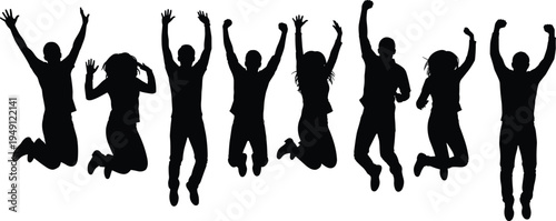 Jumping people silhouette set, happy men women jumping celebration crowd excitement energy black vector illustration collection isolated