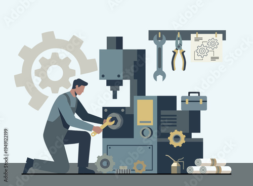 Industrial worker operating a heavy machinery unit in a factory workshop with various hand tools.
