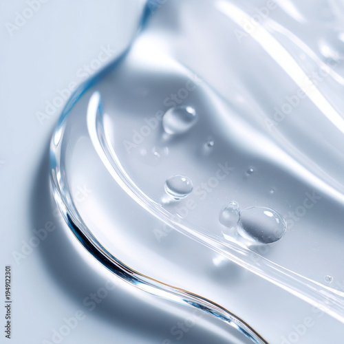 Clear transparent gel with water droplets macro shot showing smooth texture and glossy surface for skincare or cosmetic use
