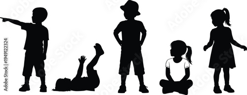 Kids silhouette set in various poses, boys and girls standing, sitting, lying, children vector illustration collection, playful childhood activity icons
