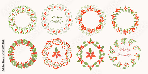Collection of festive holiday wreaths with berries and botanical elements