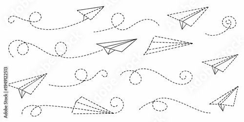 Collection of hand drawn paper airplanes and swirling flight paths