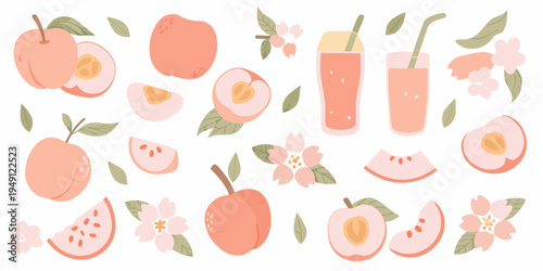 A colorful collection of peaches blossoms and refreshing peach drinks