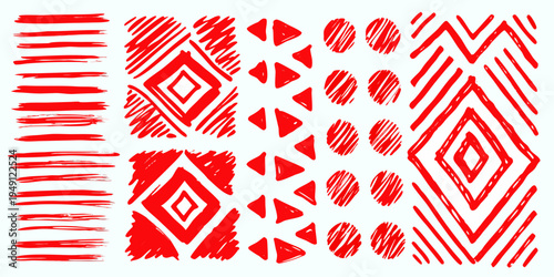 Red abstract patterns and shapes arranged in neat columns