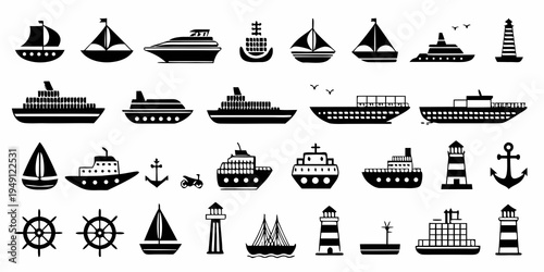 Collection of various black and white nautical vessel and landmark icons