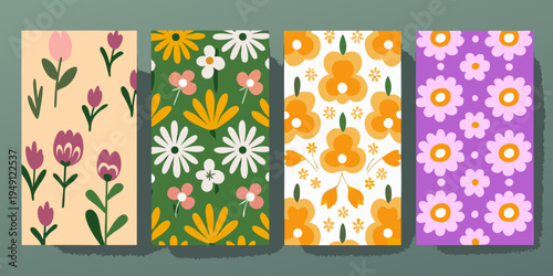 Four vertically oriented panels featuring colorful repeating floral patterns