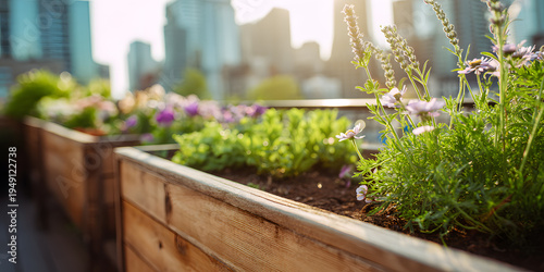 Urban rooftop garden with vibrant flowers and city skyline view