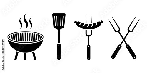 Black and white vector illustration of barbecue grill, spatula, sausages on fork, and crossed barbecue forks
