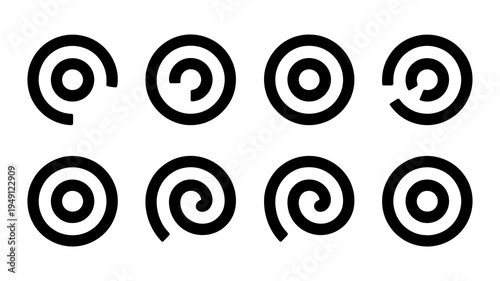 Black and white vector illustration of eight unique circular spiral designs