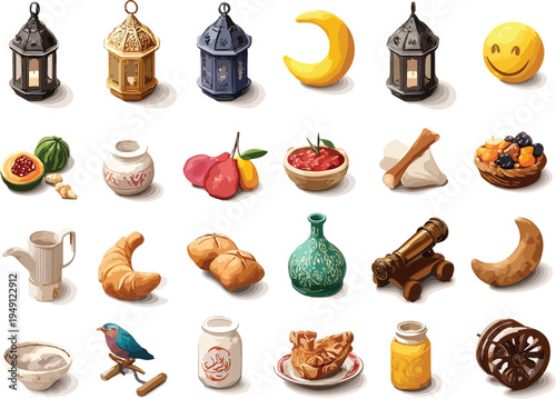 Set of kitchen utensils and food items including cakes bread desserts and snacks isolated as a collection of icons on a white background