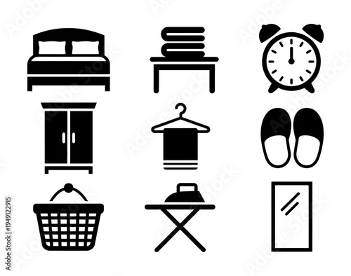 A vector illustration of bedroom essentials including a bed, wardrobe, clock, and laundry basket