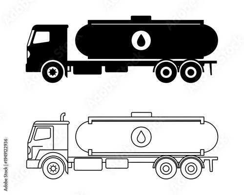 A black and white vector illustration of two tanker trucks transporting liquids in large tank trailers