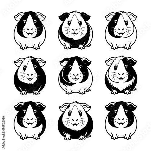 A detailed vector illustration of nine guinea pigs in various poses and expressions