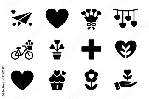 A collection of black and white vector icons representing love, nature, and health concepts