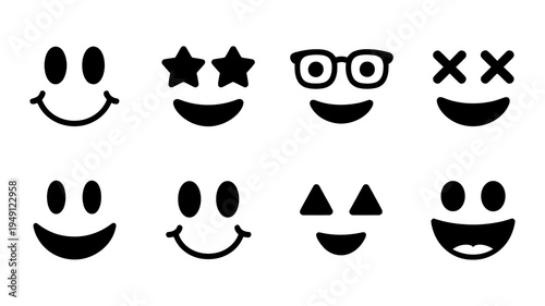 A set of eight black and white vector smiley faces with varied expressions