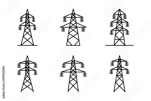 Vector illustrations of electric transmission towers with power lines in a minimalist design