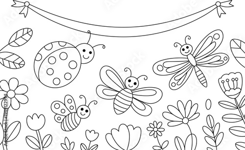 A whimsical vector illustration of insects and flowers in a garden scene with a banner