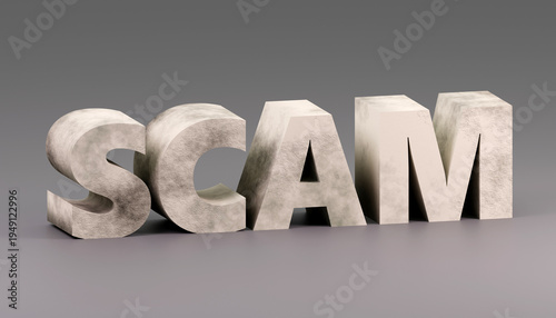 Scam symbol. Concept word Scam concrete letters on grey background. Business, lifestyle, support and scam concept