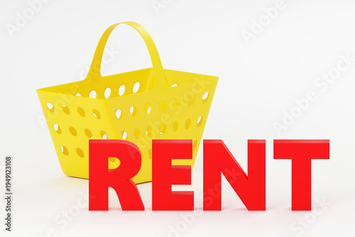 Luxury red inscription rent on grey podium, soft light, front view smooth background, 3d rendering