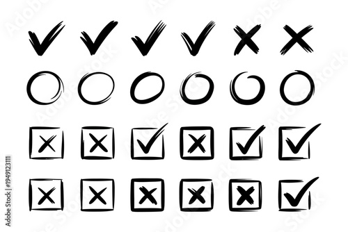 A vector illustration showcasing various checkmarks, crosses, and circles in a hand-drawn style.
