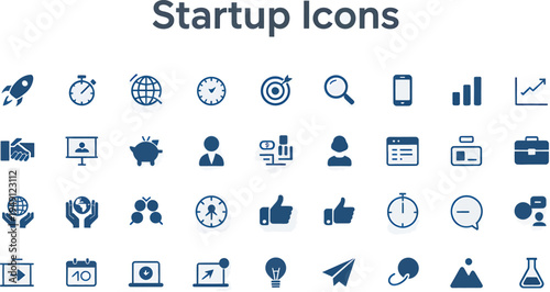 A comprehensive collection of clean, minimalist vector icons for modern startup businesses, technology innovation, and strategic project development, perfect for digital applications