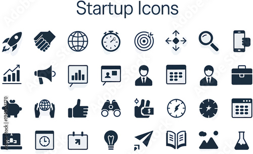 Comprehensive collection of modern vector startup icons, representing key concepts for business growth, new ventures, technology, and financial success in a sleek flat design