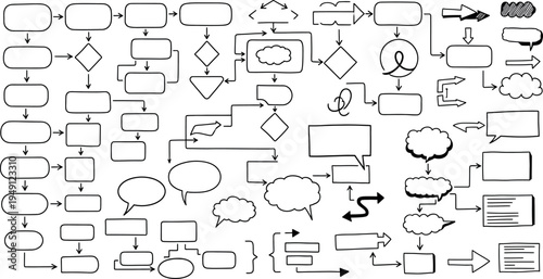 A collection of various flowchart symbols isolated on transparent background