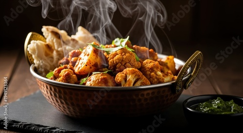 Authentic Punjabi Aloo Gobi vegan curry with cauliflower and potatoes in a traditional copper kadai bowl