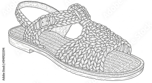 Detailed Line Art of a Woven Sandal with Slingback Strap.
