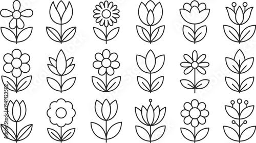 A versatile collection of black and white minimalist line art flower icons, showcasing various simple and elegant botanical designs ideal for spring, nature, and graphic projects