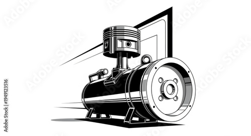 Detailed Illustration of a Piston Engine with Flywheel.