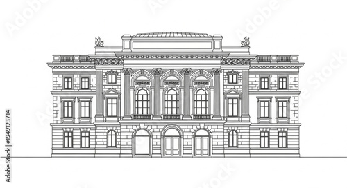 Detailed Architectural Drawing of a Grand Classical Building Facade.