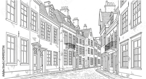 Detailed Sketch of a Quaint European Street Scene.