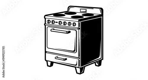 Illustration of a vintage electric stove with oven and drawer.