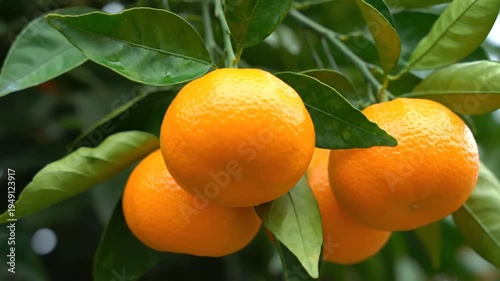 Vibrant Oranges on the Branch in Orchard, Close-Up of Citrus Fruit and Green Leaves