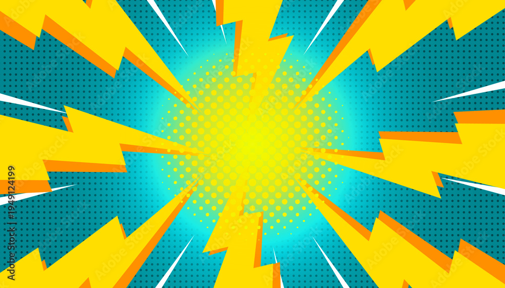 Fototapeta premium Sunbeam blue sky yellow thunder spark comic with halftone glow modern pop art abstract background