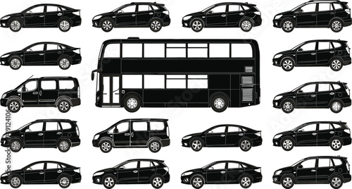 Black silhouette vector illustration set of modern city transportation including sedan cars, crossover SUVs, passenger vans, and a large double decker transit bus