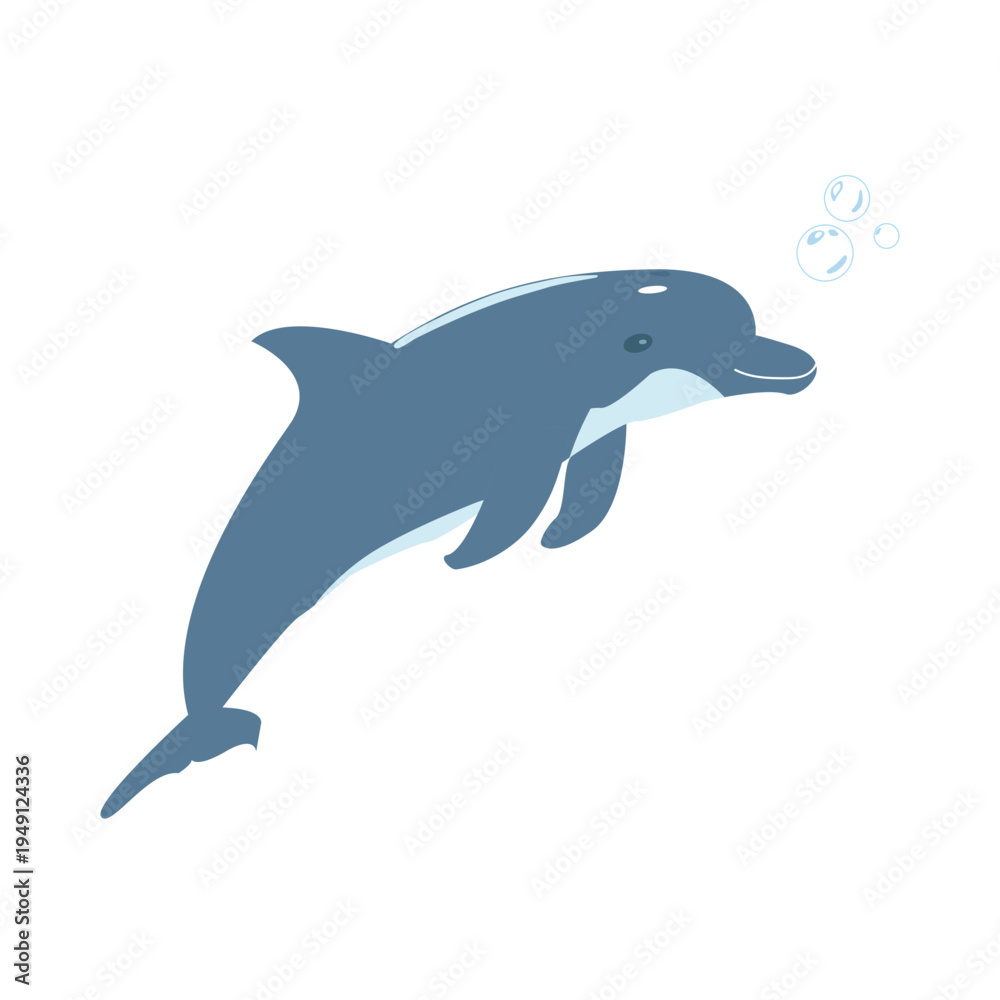 Obraz premium Cute cartoon dolphin with bubbles isolated on light background. Simple marine vector illustration perfect for kids design, nursery decor, summer prints and ocean themed projects.