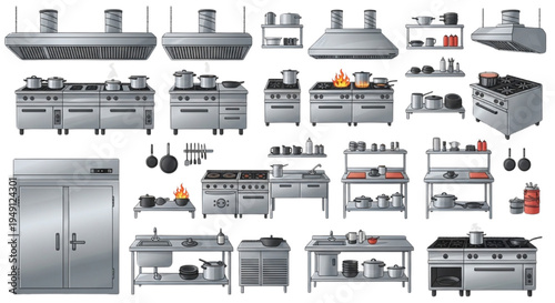 Commercial Kitchen Equipment Vector Set – Stainless Steel Restaurant Appliances and Professional Catering Cooking Tools Collection