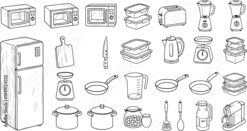 A collection of kitchen appliances and utensils isolated on transparent background
