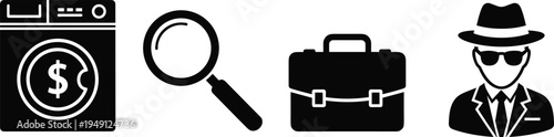 Money laundering investigation icons set, washing machine dollar symbol, magnifying glass, briefcase and detective silhouette, financial crime concept vector